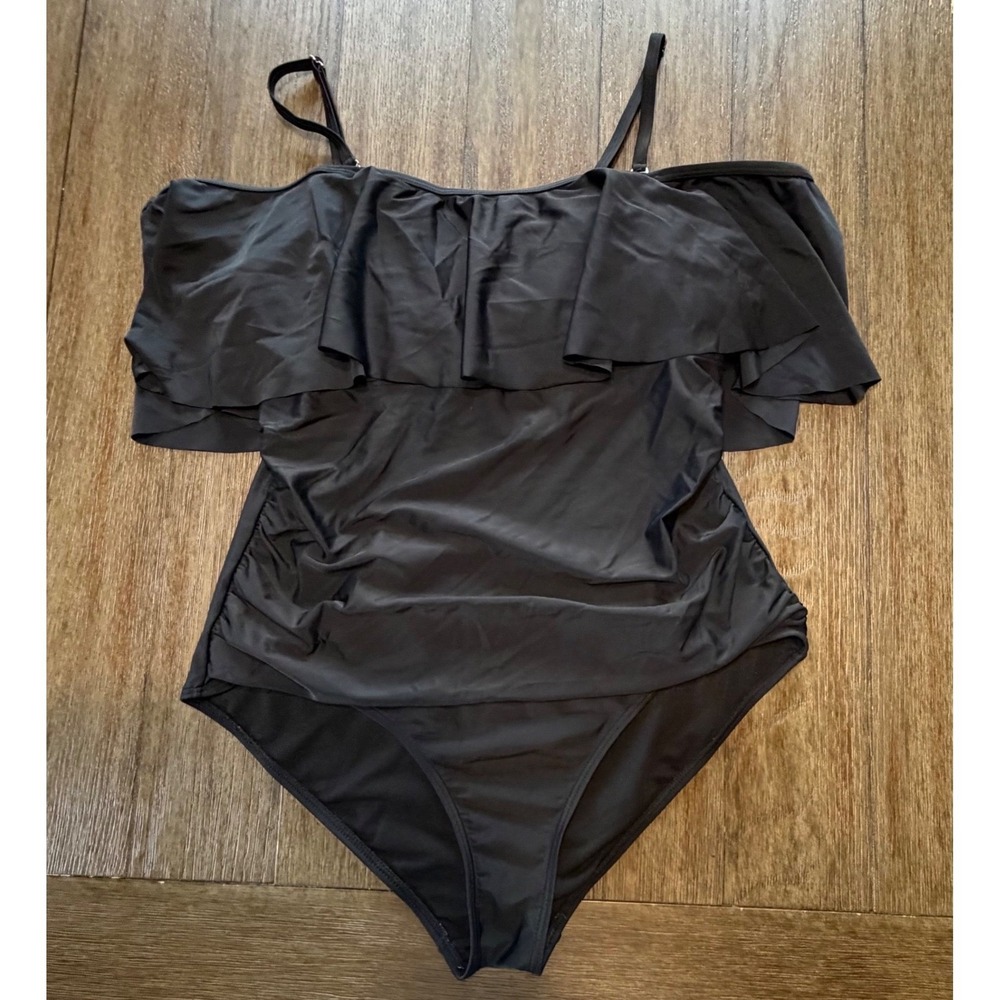 Cocoship Black Ruffle Off The Shoulder One Piece Swimsuit Size 14 Ruched Bodice